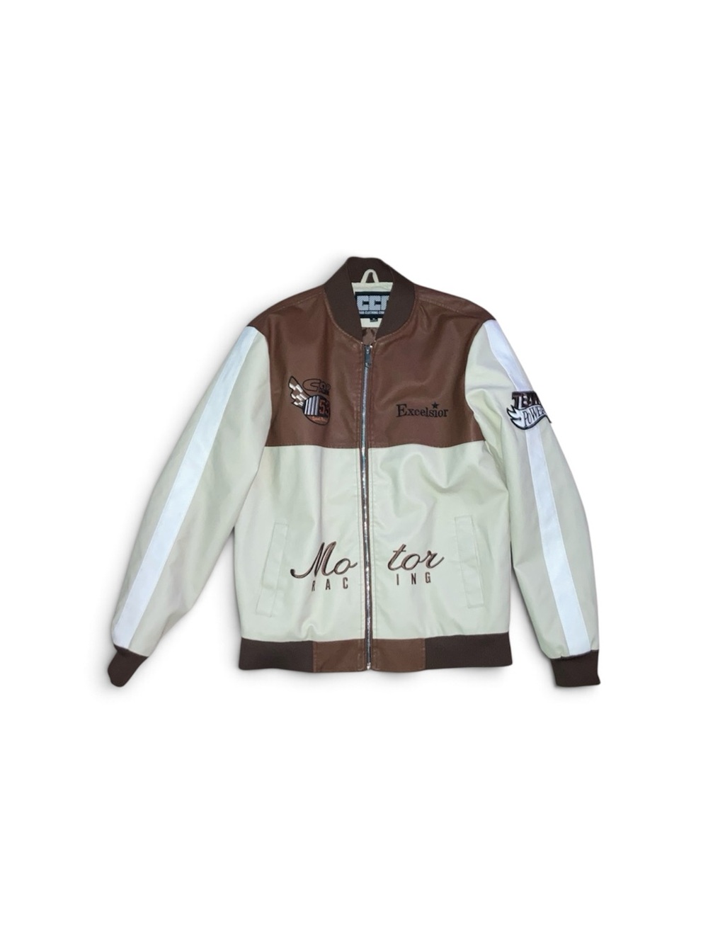 Motor Racing Bomber Jacket in Brown and Cream